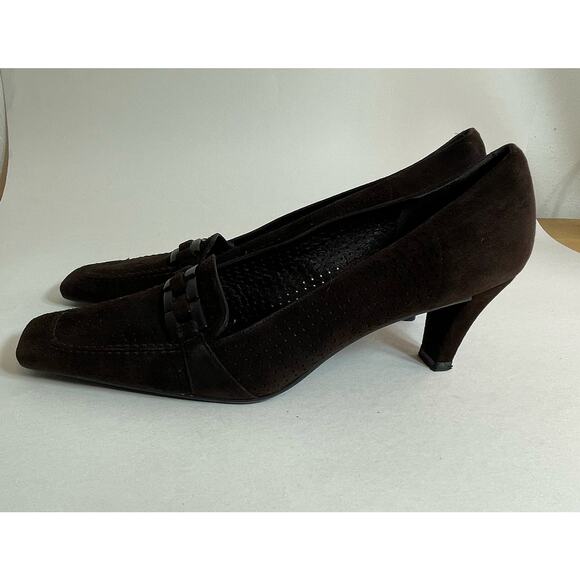 Stuart Weitzman Pump Heels Size 8.5 Brown Suede Square Toe Preppy Twee - Picture 6 of 13